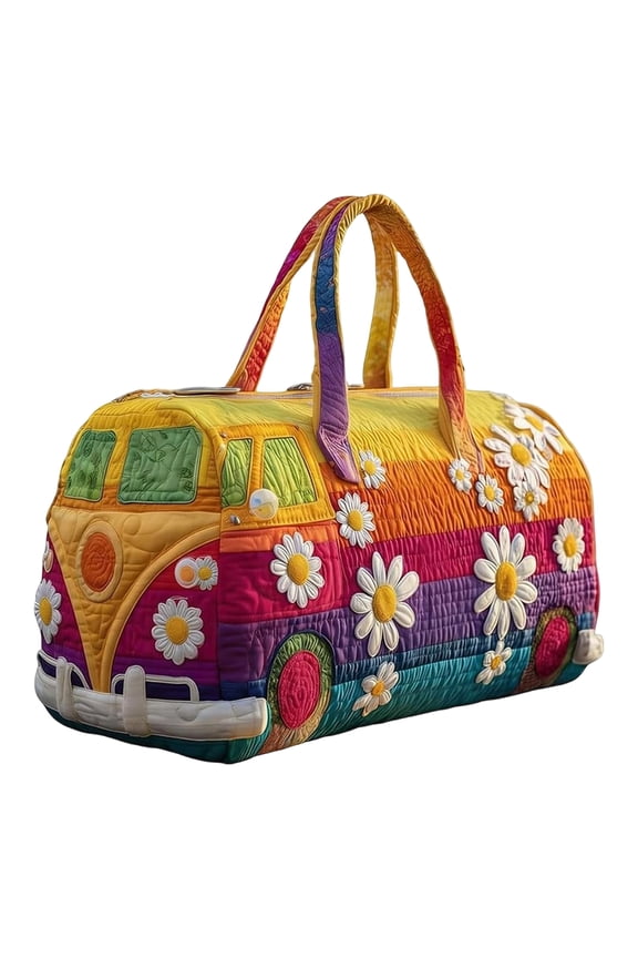 Hippie Van Quilted Duffel Bag, Hippie Journey Travel Duffel Bag, Vintage Floral Bus Shaped Tote Bags, Durable Bag Organizer for Travel, Work, Shopping, Heavy Duty Carrying Bag,16*8*8In