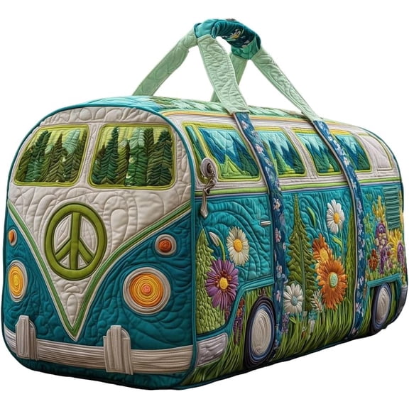 Hippie Van Quilted Duffel Bag, Hippie Journey Travel Duffel Bag, Vintage Floral Bus Shaped Tote Bags, Durable Bag Organizer for Travel, Work, Shopping, Heavy Duty Carrying Bag