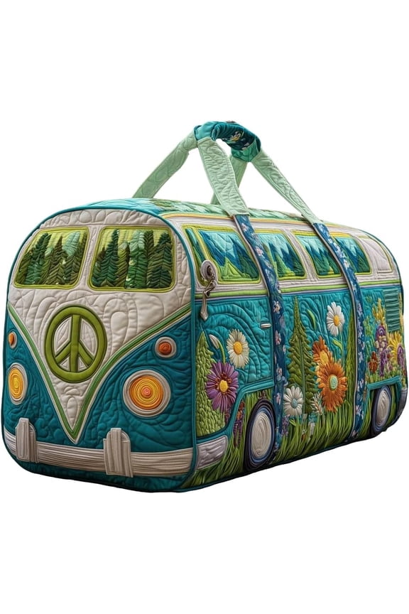 Hippie Van Quilted Duffel Bag, Hippie Journey Travel Duffel Bag, Vintage Floral Bus Shaped Tote Bags, Durable Bag Organizer for Travel, Work, Shopping, Heavy Duty Carrying Bag