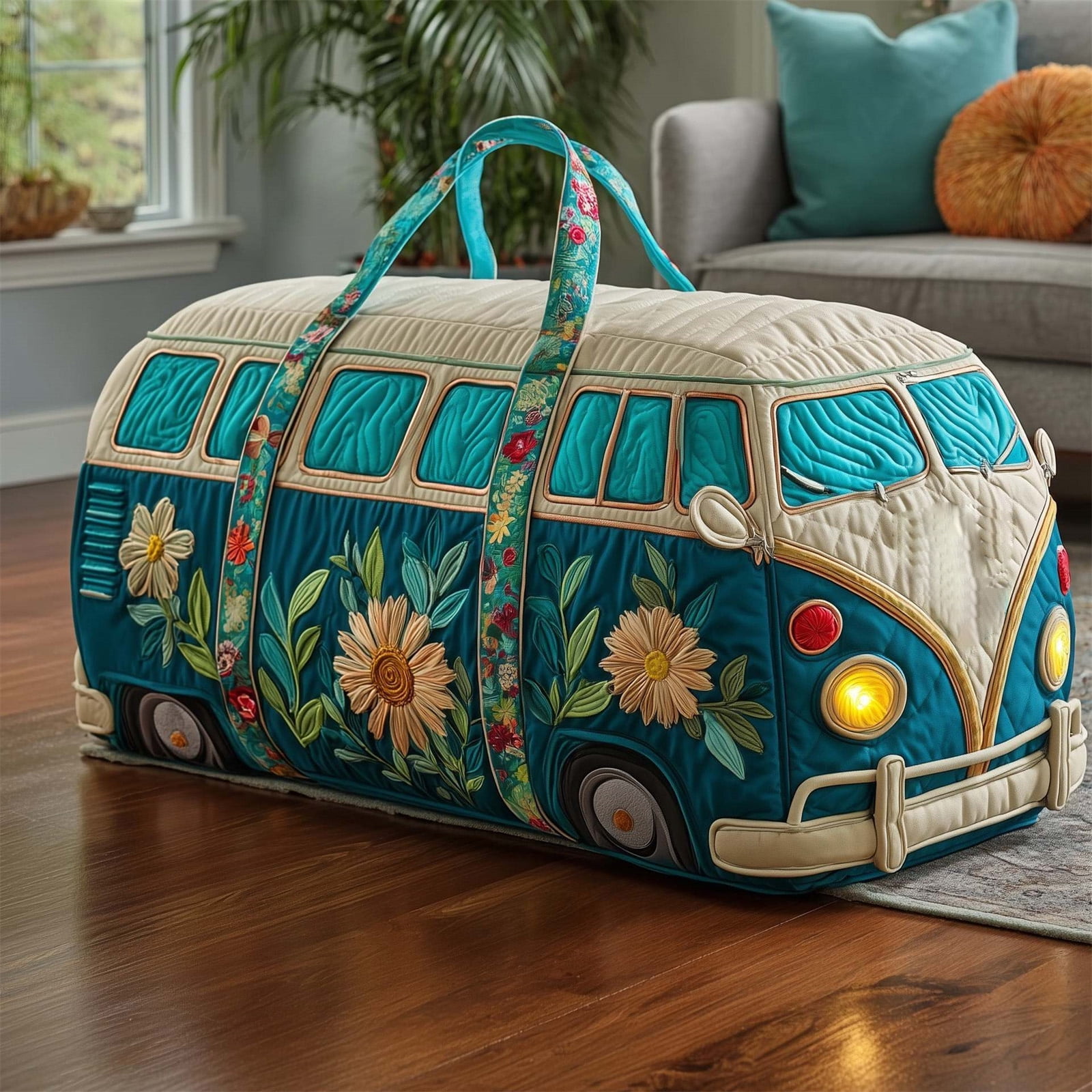 Hippie Van Quilted Duffle Bag, 16"x8"x8" Vintage Boho Canvas Weekender for Women, Colorful Psychedelic Travel Carry-On, Retro Bus Theme Gym Bag with Adjustable Strap(P, 16"x8"x8")