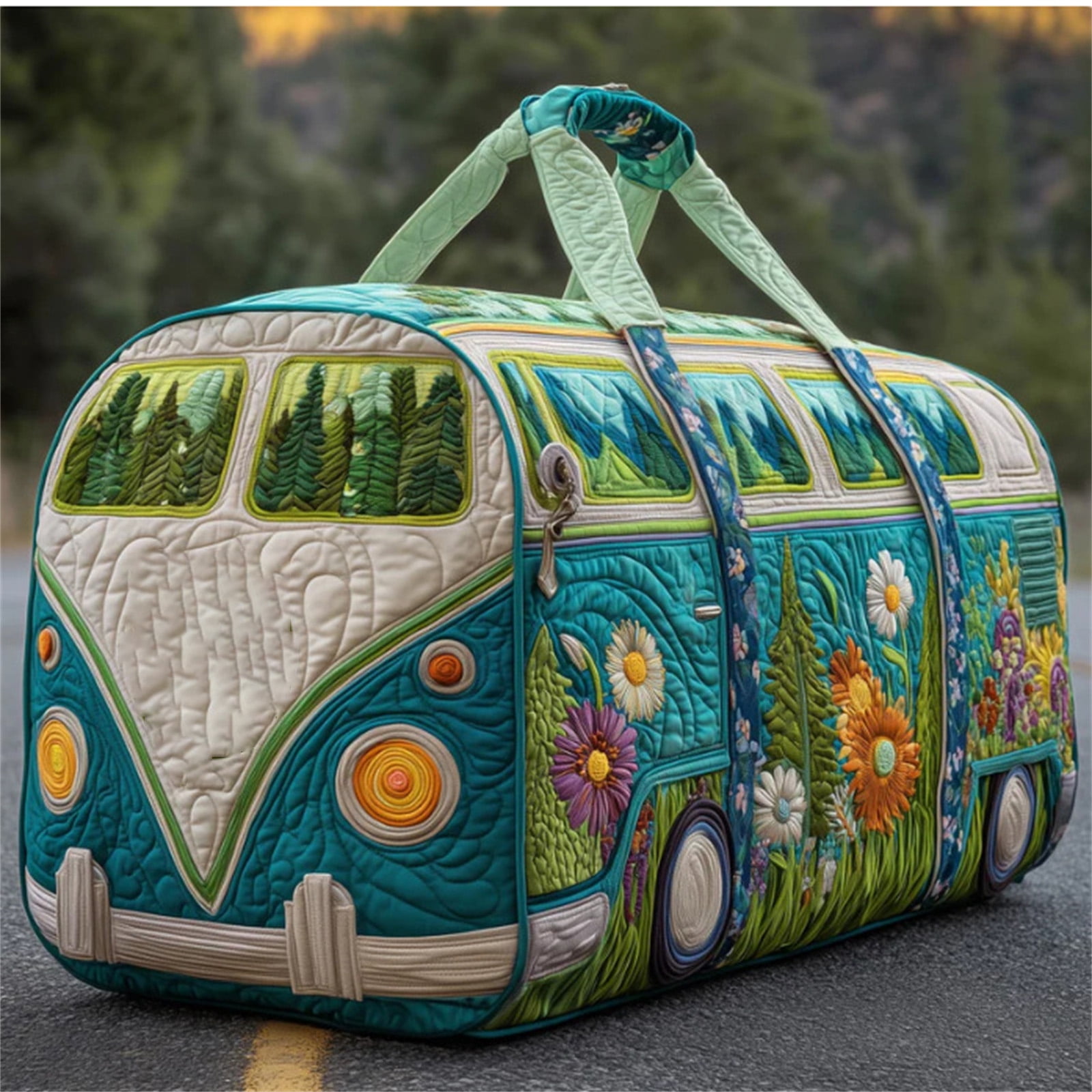 Hippie Van Quilted Duffle Bag, 16"x8"x8" Vintage Boho Canvas Weekender for Women, Colorful Psychedelic Travel Carry-On, Retro Bus Theme Gym Bag with Adjustable Strap(S, 16"x8"x8")