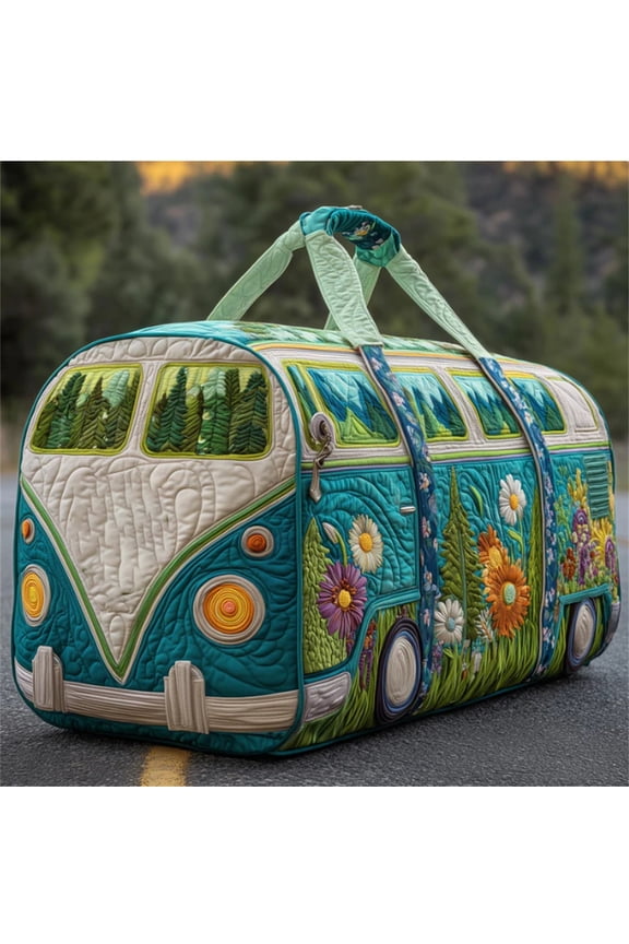Hippie Van Quilted Duffle Bag, 16"x8"x8" Vintage Boho Canvas Weekender for Women, Colorful Psychedelic Travel Carry-On, Retro Bus Theme Gym Bag with Adjustable Strap(S, 16"x8"x8")