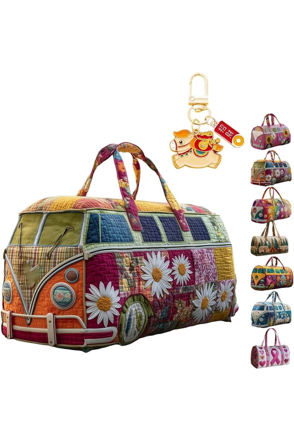 Hippie Van Quilted Duffle Bag, 2026 New Quilted Hippie Van Duffle Bag for Women Vintage Floral Gym Tote Great Gifts