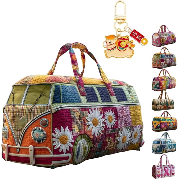 Hippie Van Quilted Duffle Bag, 2026 New Quilted Hippie Van Duffle Bag for Women Vintage Floral Gym Tote Great Gifts