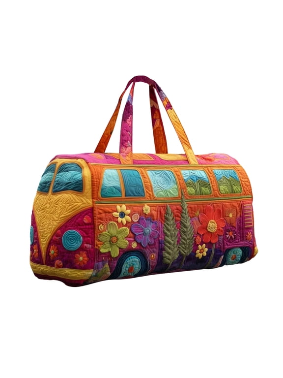 Hippie Van Quilted Duffle Bag,Basics Carry-On Gym Bag,Funny Shopping Work Canvas Bag,Boho Hippie Bus Quilted Duffel Bag,Stylish Womens Large Capacity Weekend Bag (3D Floral Print, 16"L x 8"W x 8"H)
