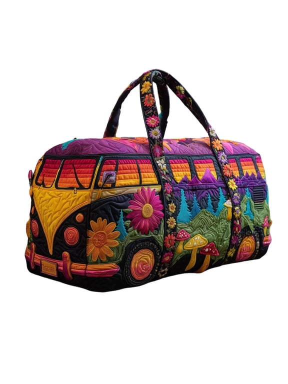 Hippie Van Quilted Duffle Bag, Boho Floral Travel Bags with Adjustable Strap, Retro Hippie-Bus Gym Bag for Short Trip, Camping, Beach Vacation