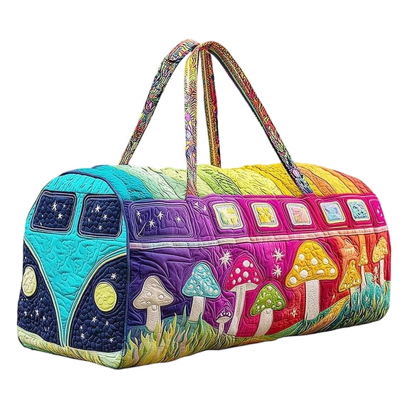 Hippie Van Quilted Duffle Bag, Boho Retro Style Embroidered Patterned Quilted Duffle Bag With Comfortable Handles, Multi-Functional Short Trip Carryall For Travel Camping Picnics 16X8X8 Inch