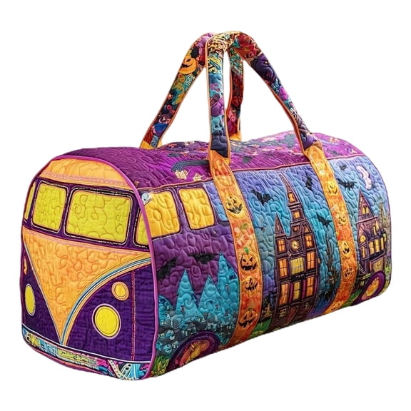 Hippie Van Quilted Duffle Bag, Boho Retro Style Embroidered Patterned Quilted Duffle Bag With Comfortable Handles, Multi-Functional Short Trip Carryall For Travel Camping Picnics 16X8X8 Inch