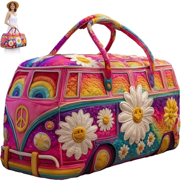 Hippie Van Quilted Duffle Bag, Boho Retro Travel Weekender Bag with Adjustable Strap, Vintage Floral Overnight Gym Bag for Women