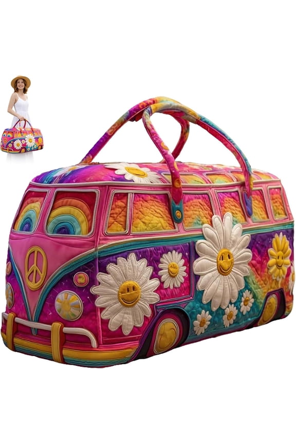 Hippie Van Quilted Duffle Bag, Boho Retro Travel Weekender Bag with Adjustable Strap, Vintage Floral Overnight Gym Bag for Women