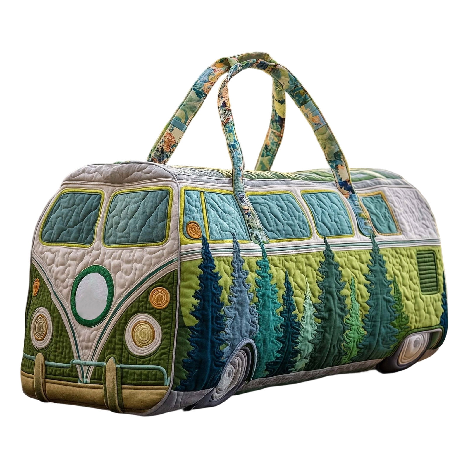 Hippie Van Quilted Duffle Bag, Boho Travel Weekender Bag with Adjustable Strap, Retro Bus Style for Everyday Travel (18*9*9inch)