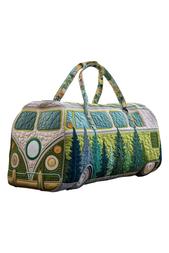 Hippie Van Quilted Duffle Bag, Boho Travel Weekender Bag with Adjustable Strap, Retro Bus Style for Everyday Travel (18*9*9inch)