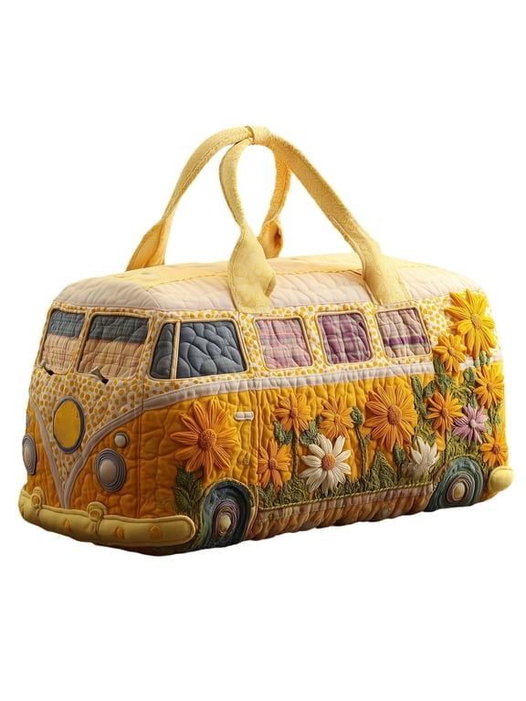 Hippie Van Quilted Duffle Bag, Boho Travel Weekender Bag with Adjustable Strap, Retro Bus Style for Everyday Travel (18*9*9inch)