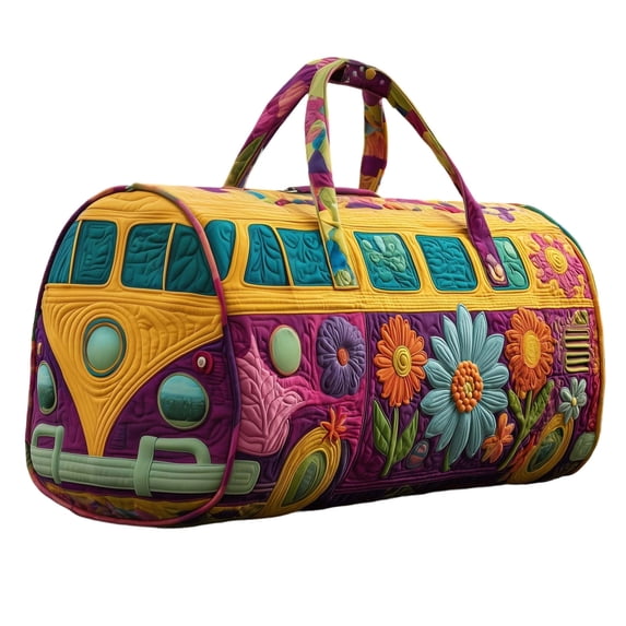 Hippie Van Quilted Duffle Bag, Boho Travel Weekender Bag with Adjustable Strap, Retro Bus Style for Everyday Travel (18*9*9inch)