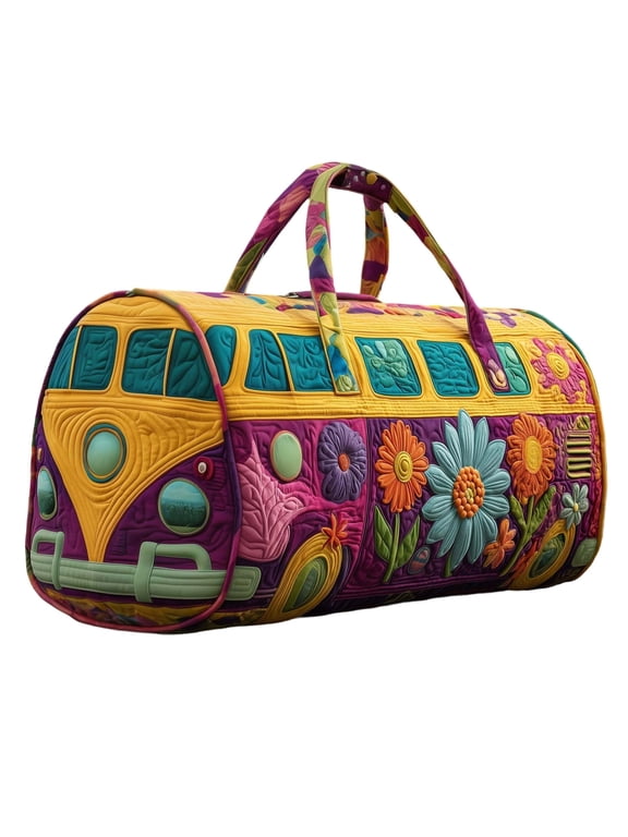 Hippie Van Quilted Duffle Bag, Boho Travel Weekender Bag with Adjustable Strap, Retro Bus Style for Everyday Travel (18*9*9inch)