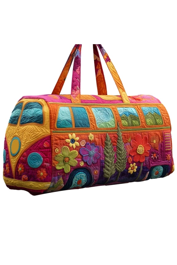 Hippie Van Quilted Duffle Bag, Boho Travel Weekender Bag with Adjustable Strap, Retro Bus Style for Everyday Travel (18*9*9inch)