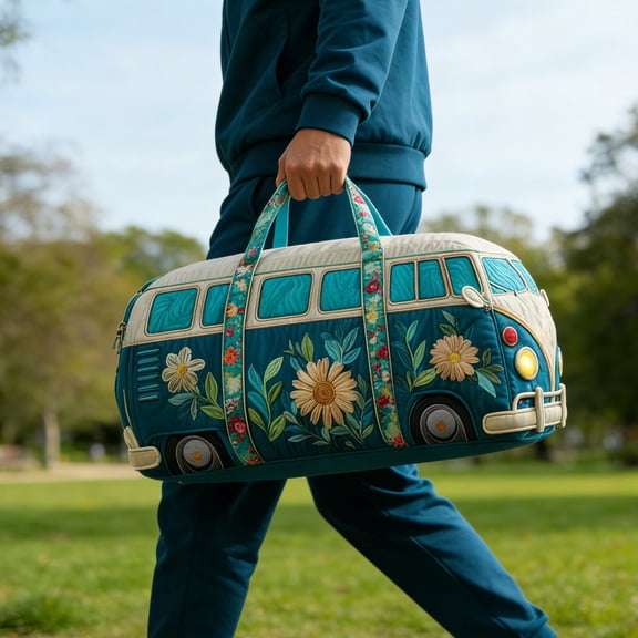 Hippie Van Quilted Duffle Bag, Boho Travel Weekender Bag with Adjustable Strap, Retro Style for Everyday Travel (#08, Large (18"x9"x9")