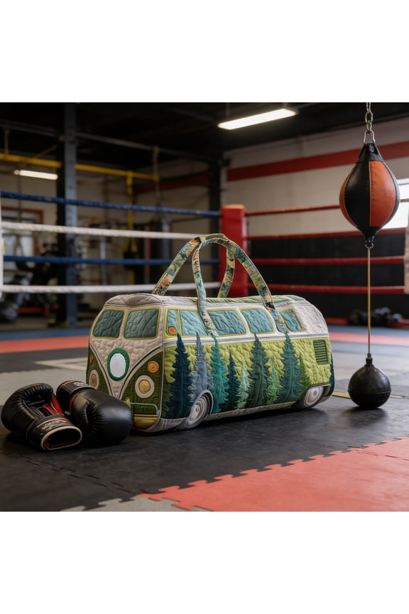 Hippie Van Quilted Duffle Bag, Boho Travel Weekender Bag with Adjustable Strap, Retro Style for Everyday Travel (Forest Bus, Large (18"x9"x9"))