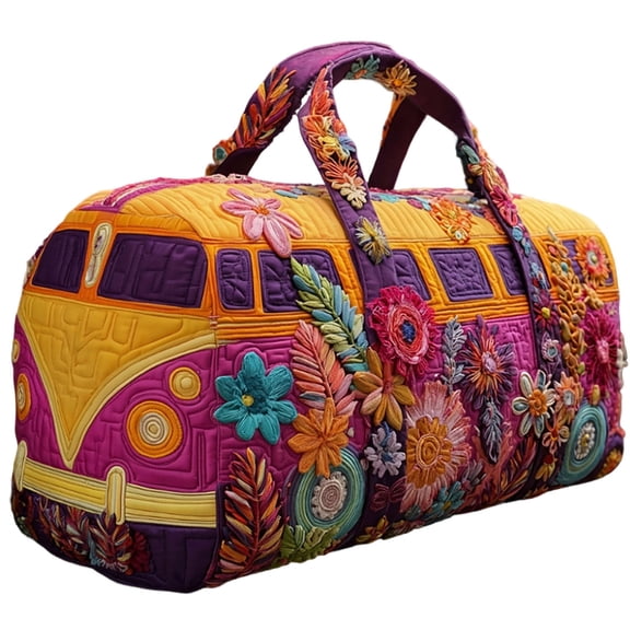Hippie Van Quilted Duffle Bag, Boho Travel Weekender Bag with Adjustable Strap, Retro Style for Everyday Travel