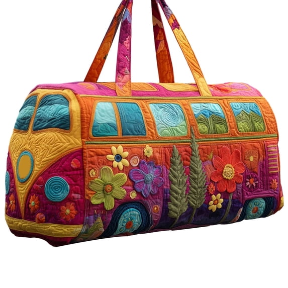 Hippie Van Quilted Duffle Bag, Boho Travel Weekender Bag with Adjustable Strap, Retro Style for Everyday Travel