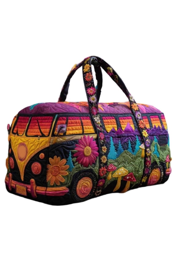 Hippie Van Quilted Duffle Bag, Boho Travel Weekender Bag with Adjustable Strap, Retro Style for Everyday Travel