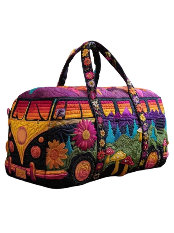 Hippie Van Quilted Duffle Bag, Boho Travel Weekender Bag with Adjustable Strap, Retro Style for Everyday Travel