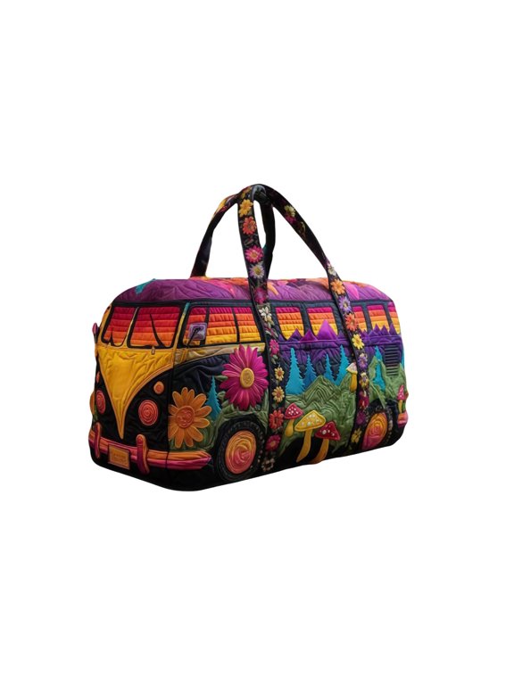 Hippie Van Quilted Duffle Bag, Boho Travel Weekender Bag with Strap, Retro Style for Everyday Travel