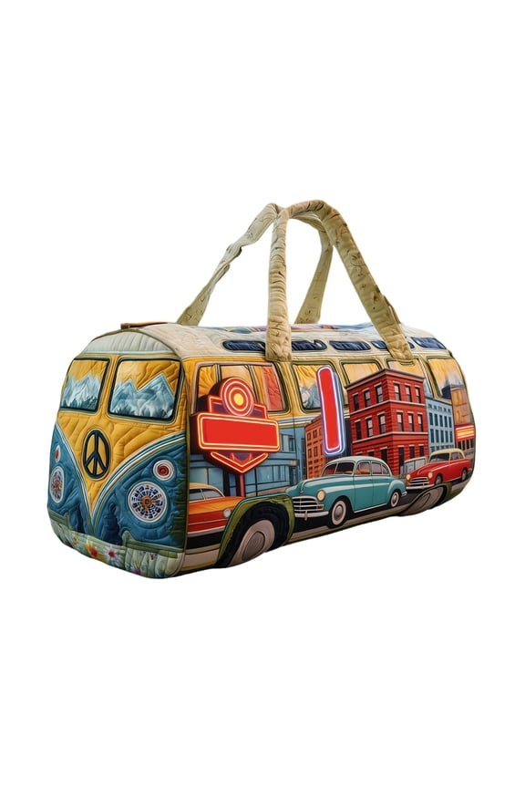 Hippie Van Quilted Duffle Bag, Boho Travel Weekender Bags, Retro Bus Design Carry On Gym Bag Overnight Luggage Bag for Everyday Travel 16x8x8 inches