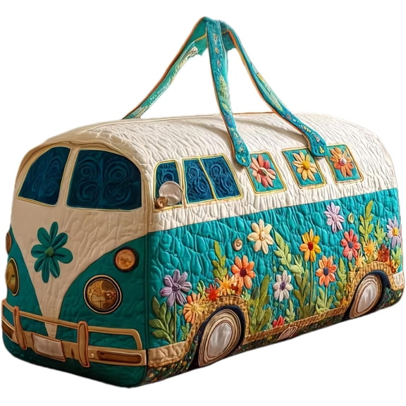 Hippie Van Quilted Duffle Bag,Boho Vintage Floral Weekender Travel Bag,Large Capacity Lightweight Gym Tote for Women (D,M-16in)