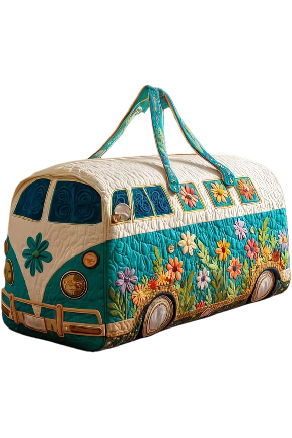 Hippie Van Quilted Duffle Bag,Boho Vintage Floral Weekender Travel Bag,Large Capacity Lightweight Gym Tote for Women