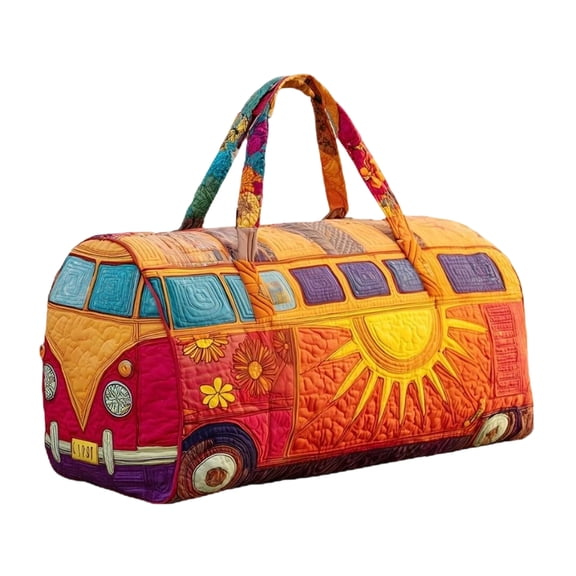 Hippie Van Quilted Duffle Bag,Boho Weekender Travel Bag,Retro Floral Style Camping Trailer Textured Quilted Duffle Bag Weekender Bag,Suitable For Picnics,Camping,Family Gatherings (18"L x 9"W x 9"H)