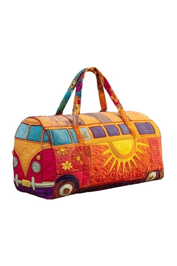 Hippie Van Quilted Duffle Bag,Boho Weekender Travel Bag,Retro Floral Style Camping Trailer Textured Quilted Duffle Bag Weekender Bag,Suitable For Picnics,Camping,Family Gatherings (18"L x 9"W x 9"H)