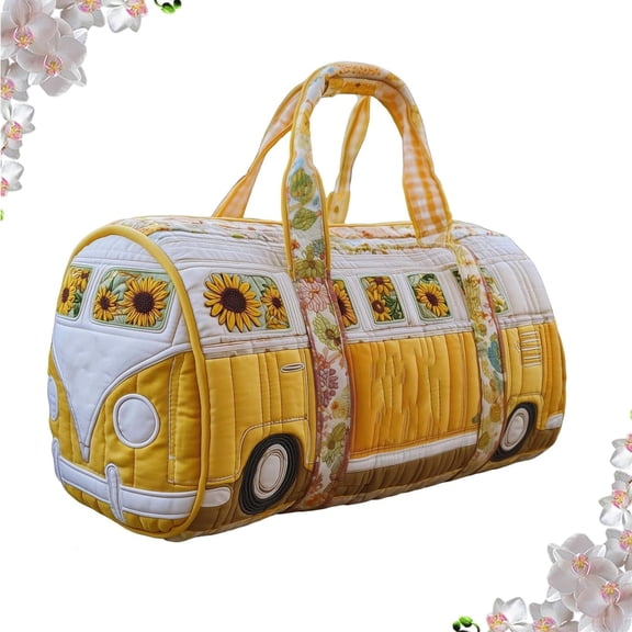 Hippie Van Quilted Duffle Bag, Bus Shaped Tote Bag Hippie Journey Quilted Duffle Bag, Vintage Floral Travel Weekender Bag Gym Bags