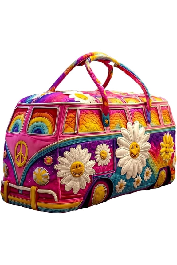 Hippie Van Quilted Duffle Bag Embroidered Bag For Women Handbag Vintage Floral Gym Tote Hippie For Everyday Great Gifts for Women