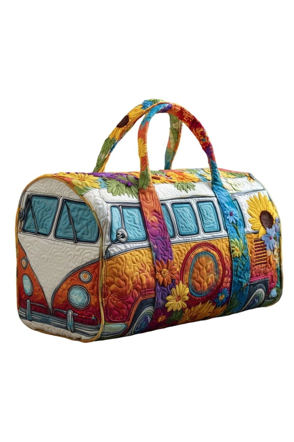 Hippie Van Quilted Duffle Bag, Hippie Van Travel Duffel Bag, Vintage Floral Weekender Overnight Bags, 16X8X8 Inch