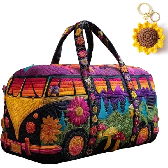 Hippie Van Quilted Duffle Bag, Hippie Van Travel Duffel Bag, Vintage Floral Weekender Overnight Bags(#C,Medium(16 * 8 * 8))