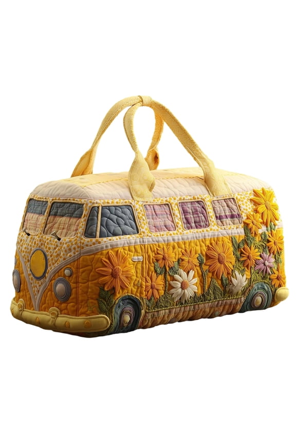 Hippie Van Quilted Duffle Bag, Hippie Van Travel Duffel Bag, Vintage Floral Weekender Overnight Bags