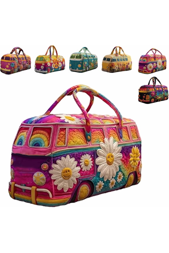 Hippie Van Quilted Duffle Bag,  Large Capacity Bus Shaped Boho Travel Weekender Bag with Adjustable Strap, Retro Style for Everyday Travel Great Gifts for Women