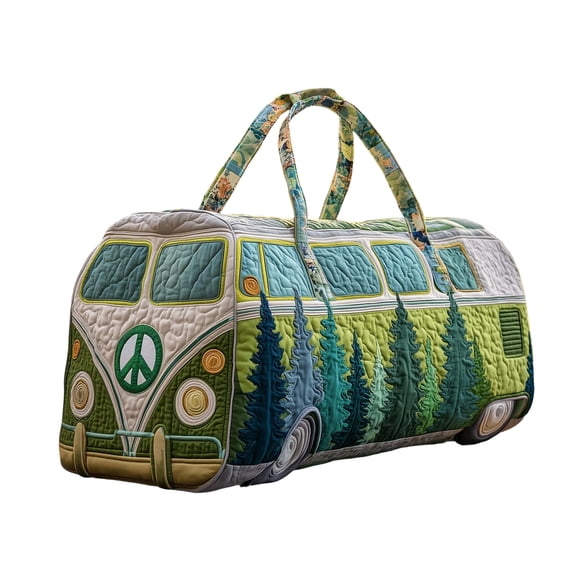 Hippie Van Quilted Duffle Bag Large Folding Canvas Travel Garment Bags with Adjustable Strap