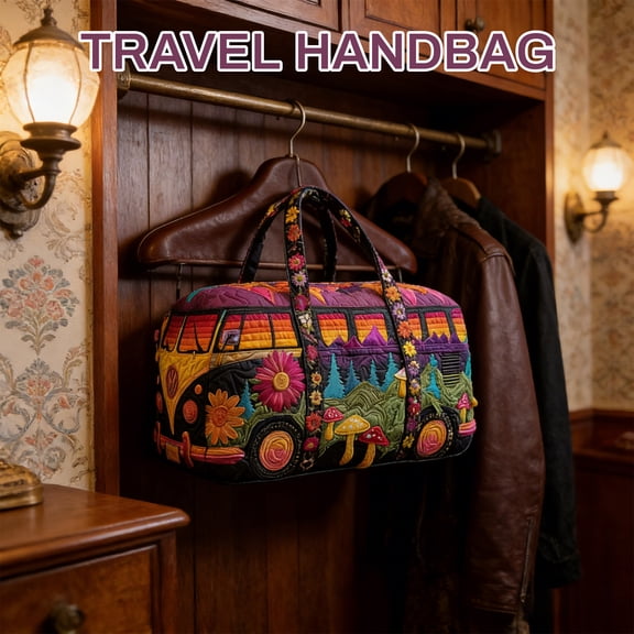 Hippie Van Quilted Duffle Bag Medium 16" Boho Retro Travel Weekender Bag with Adjustable Padded Strap Tie-Dye Inspired, Subtle Colors Ladies Handbag for Gym Yoga Dance Overnight Trips