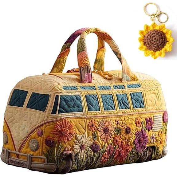 Hippie Van Quilted Duffle Bag with Sunflower Keychain, Large Capacity Bus Shaped Hippie Van Travel Duffel Bag, Vintage Floral Weekender Overnight Bags Great Gifts for Women