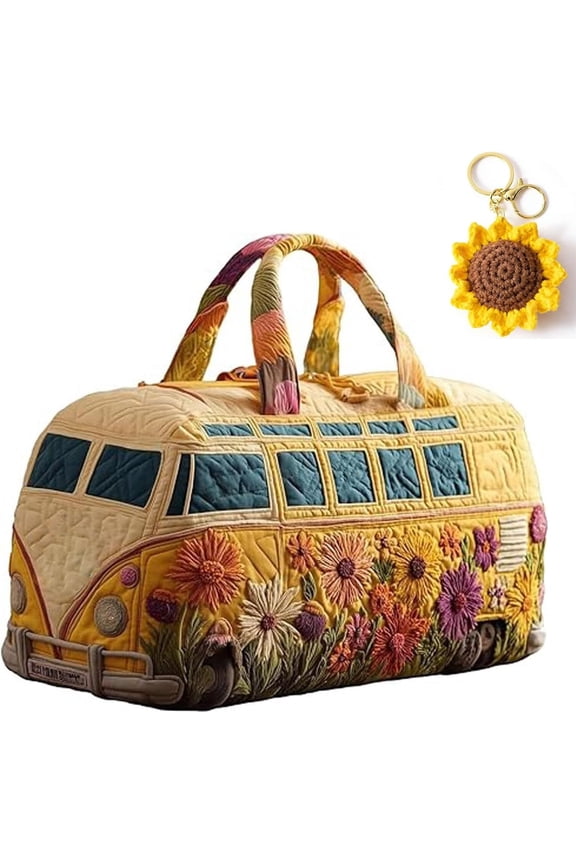 Hippie Van Quilted Duffle Bag with Sunflower Keychain, Large Capacity Bus Shaped Hippie Van Travel Duffel Bag, Vintage Floral Weekender Overnight Bags Great Gifts for Women