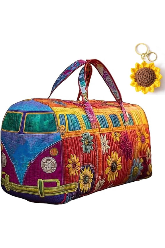 Hippie Van Quilted Duffle Bag with Sunflower Keychain, Large Capacity Bus Shaped Hippie Van Travel Duffel Bag, Vintage Floral Weekender Overnight Bags Great Gifts for Women
