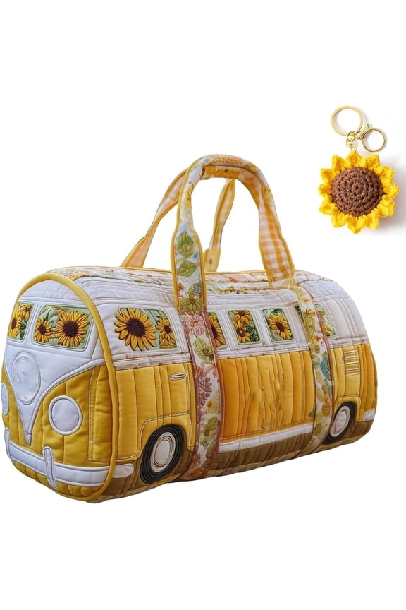 Hippie Van Quilted Duffle Bag with Sunflower Keychain, Large Capacity Bus Shaped Hippie Van Travel Duffel Bag, Vintage Floral Weekender Overnight Bags Great Gifts for Women