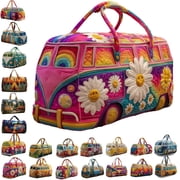 Hippie Van Quilted Duffle Bag,Unisex Boho Quilted Weekender Bag,Boho Travel Bag Retro Style for Gym Yoga Dance and Everyday Travel