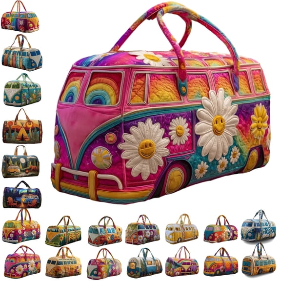 Hippie Van Quilted Duffle Bag,Unisex Boho Quilted Weekender Bag,Boho Travel Bag Retro Style for Gym Yoga Dance and Everyday Travel
