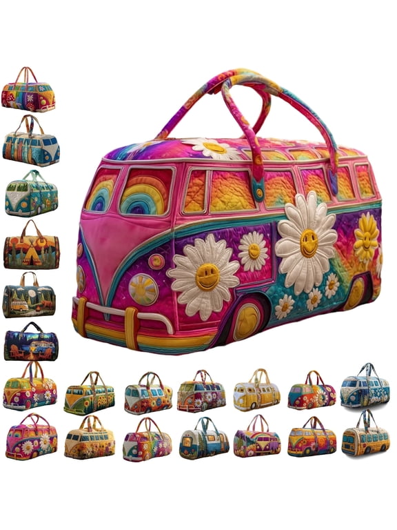 Hippie Van Quilted Duffle Bag,Unisex Boho Quilted Weekender Bag,Boho Travel Bag Retro Style for Gym Yoga Dance and Everyday Travel