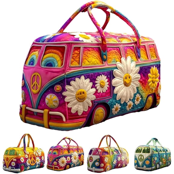 Hippie Van Quilted Duffle Bag, Vintage Boho Canvas Weekender Travel Bag with Adjustable Strap Great Gifts for Women