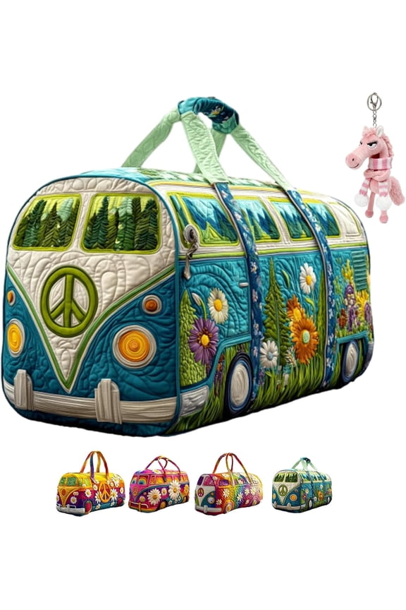 Hippie Van Quilted Duffle Bag, Weekender Travel Overnight Luggage, Adjustable Strap, Suitable For Outdoor Use By Women