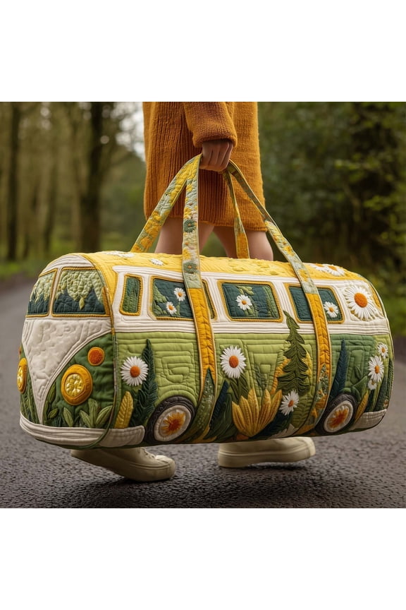 Hippie Van Quilted Duffle Bag for Women, Vintage Floral Travel Week Overnight Tote with Adjustable Strap